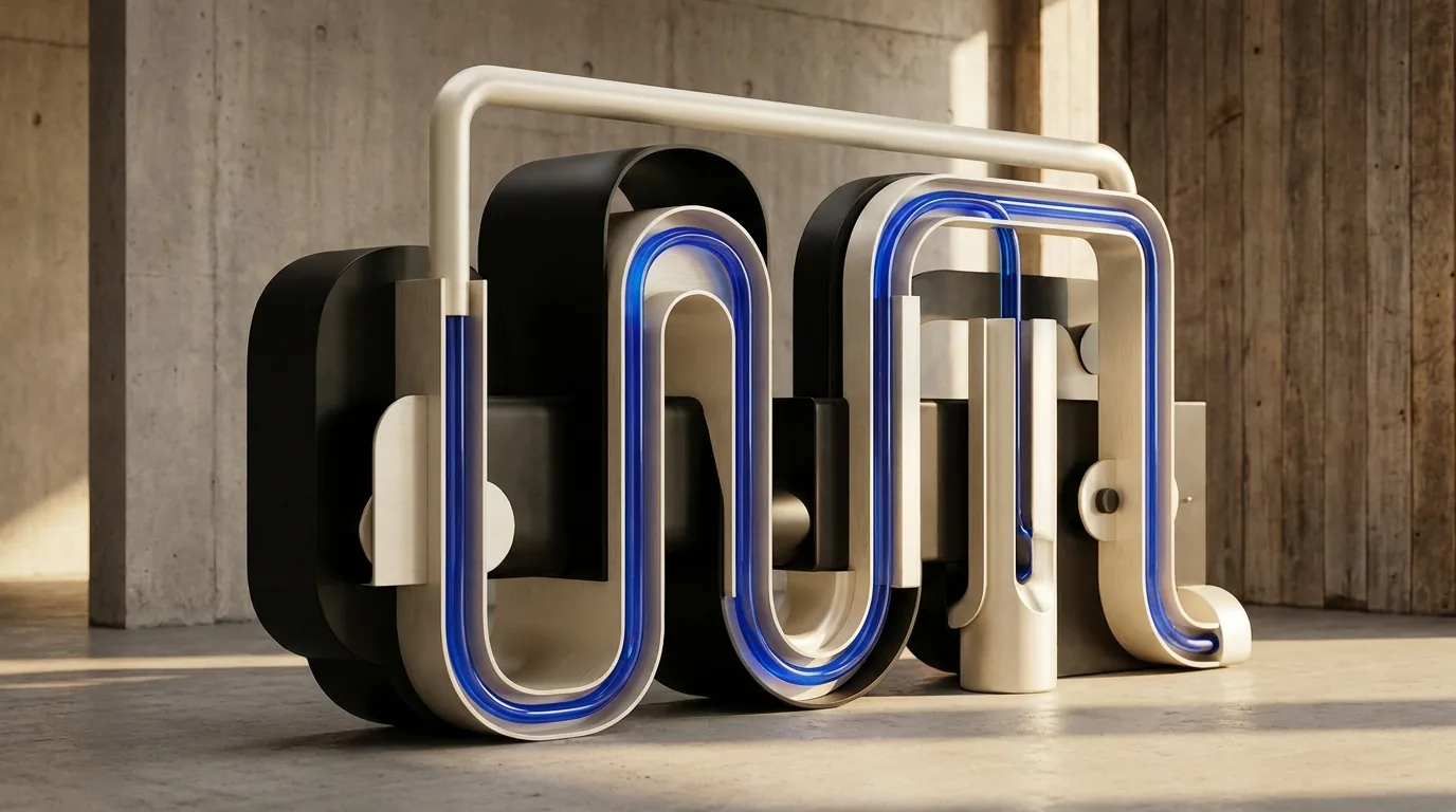 Tangled cobalt and cream tubing winding through a maze